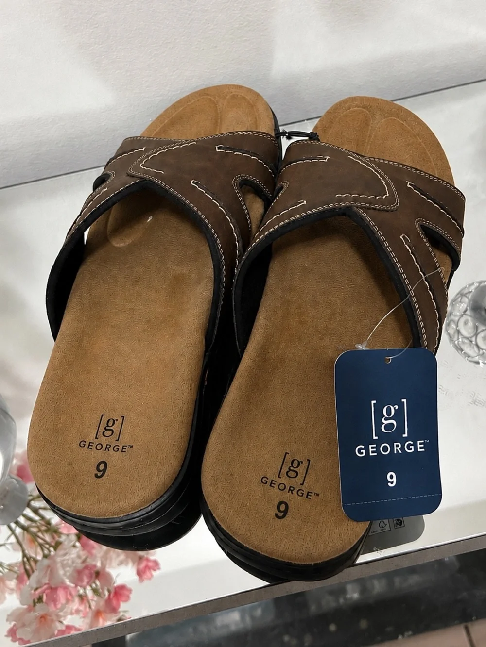 George Men’s Brown Comfort Slide Sandals Size 9 NWT Cushioned Casual Shoes